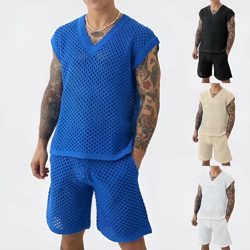 Men's blue V-neck sleeveless vest and matching shorts summer sports suit