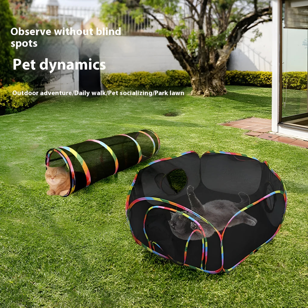Foldable mesh cat cage in a hexagon shape, showing collapsible panels and breathable fabric.
