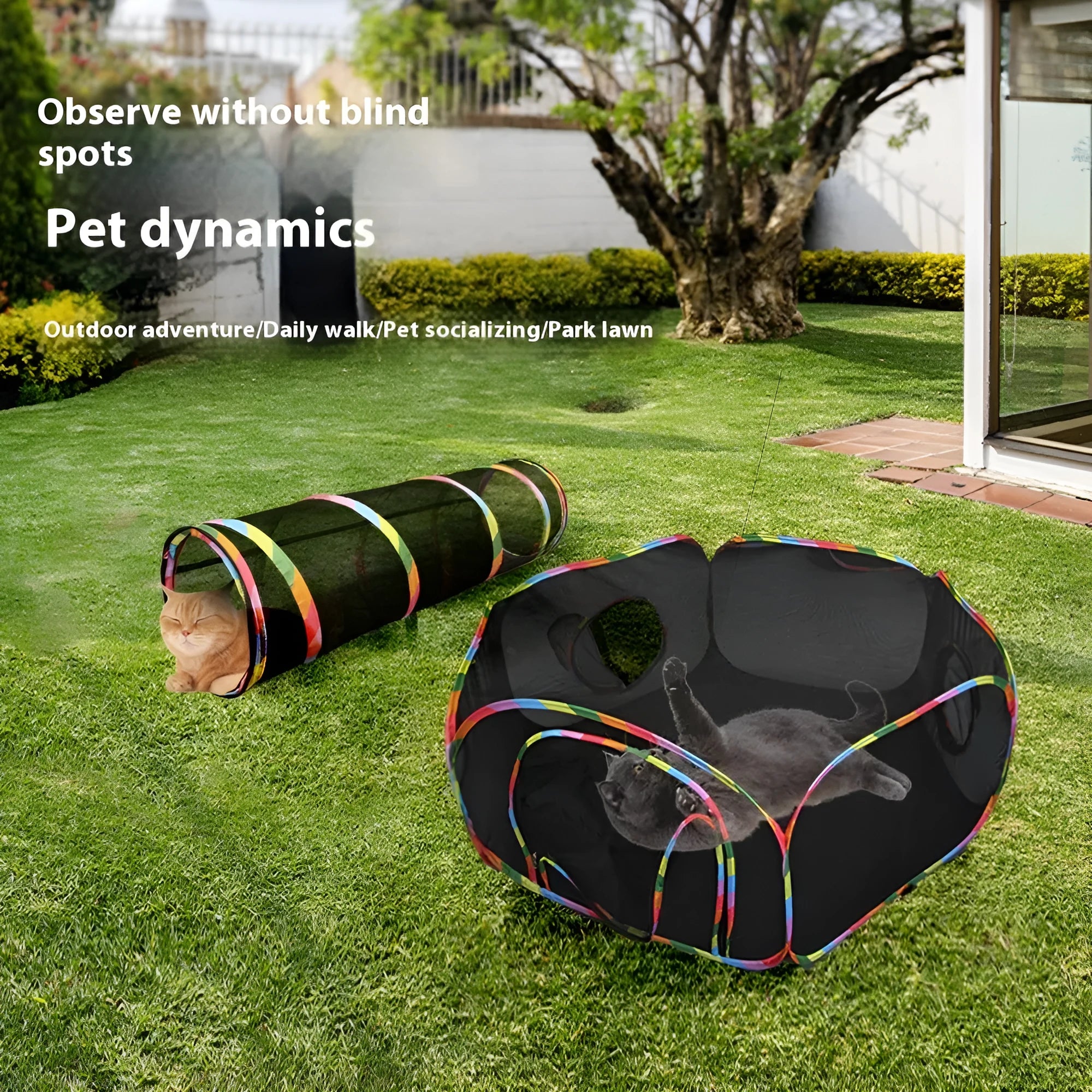 Foldable mesh cat cage in a hexagon shape, showing collapsible panels and breathable fabric.