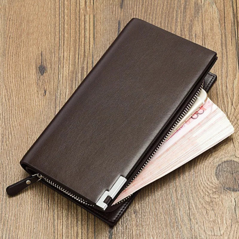 Men's black PU leather zipper wallet open to show 7 internal compartments.