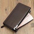 Men's black PU leather zipper wallet open to show 7 internal compartments.