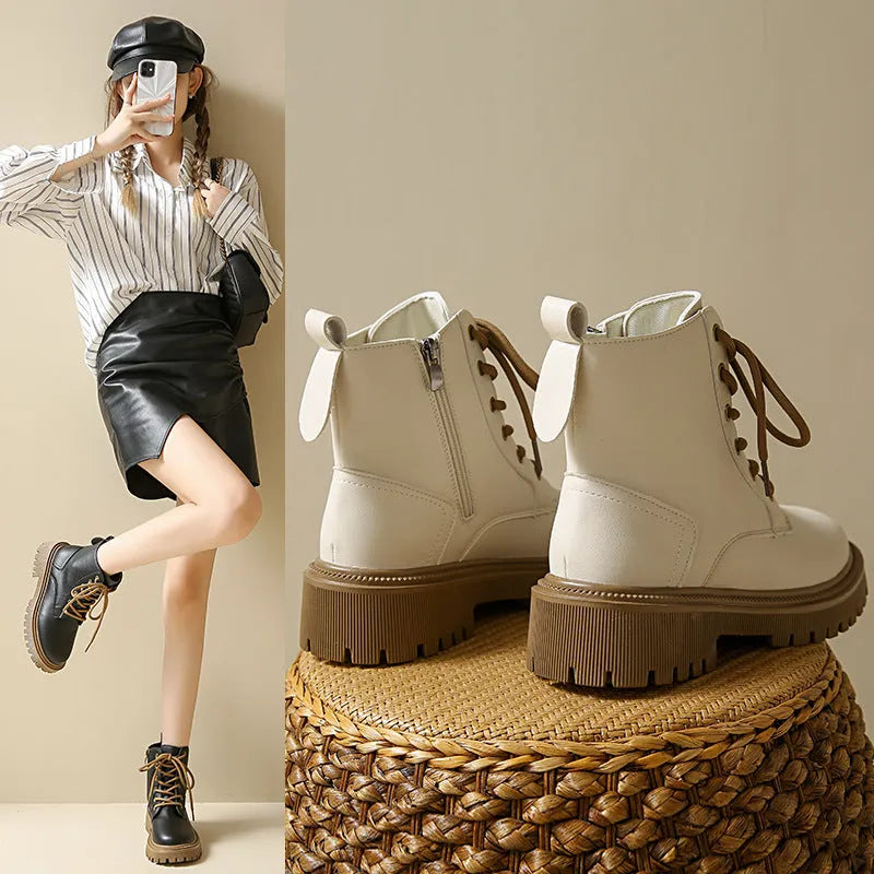 Beige women's winter Martin boots mid heel 3-5cm Korean style