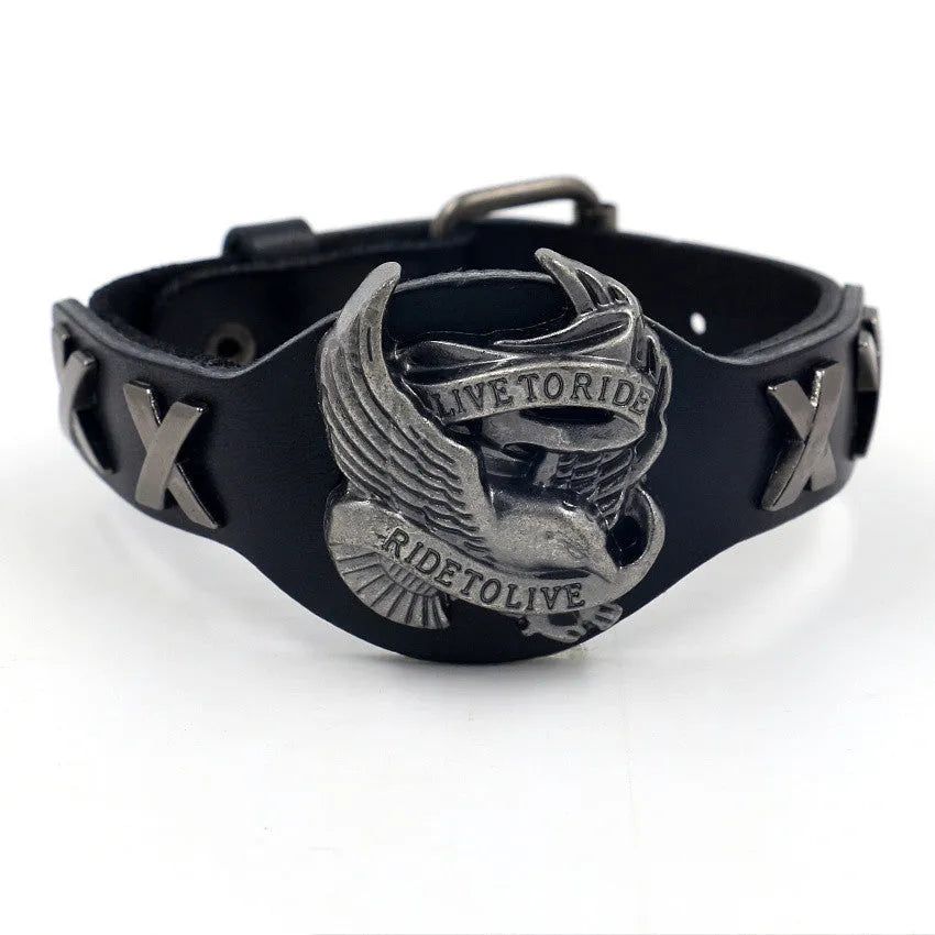 Black leather alloy eagle watch-band bracelet with geometric patterning