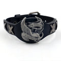 Black leather alloy eagle watch-band bracelet with geometric patterning