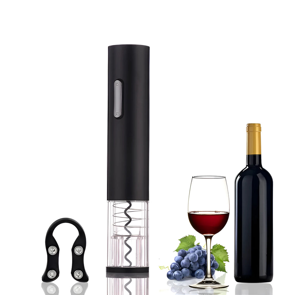 Black automatic electric wine bottle opener with integrated foil cutter on a kitchen counter.