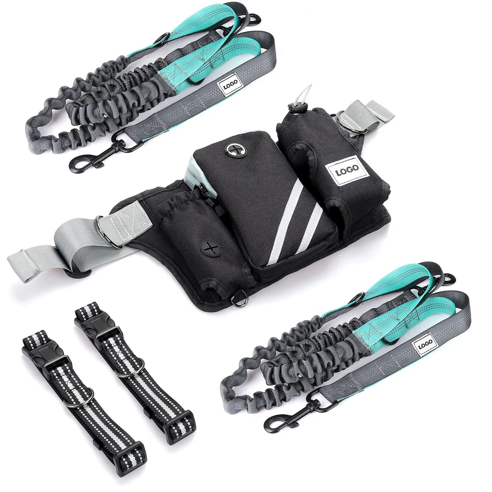 Black nylon waterproof pet training waist bag with dog leash and collar set for outdoor walking