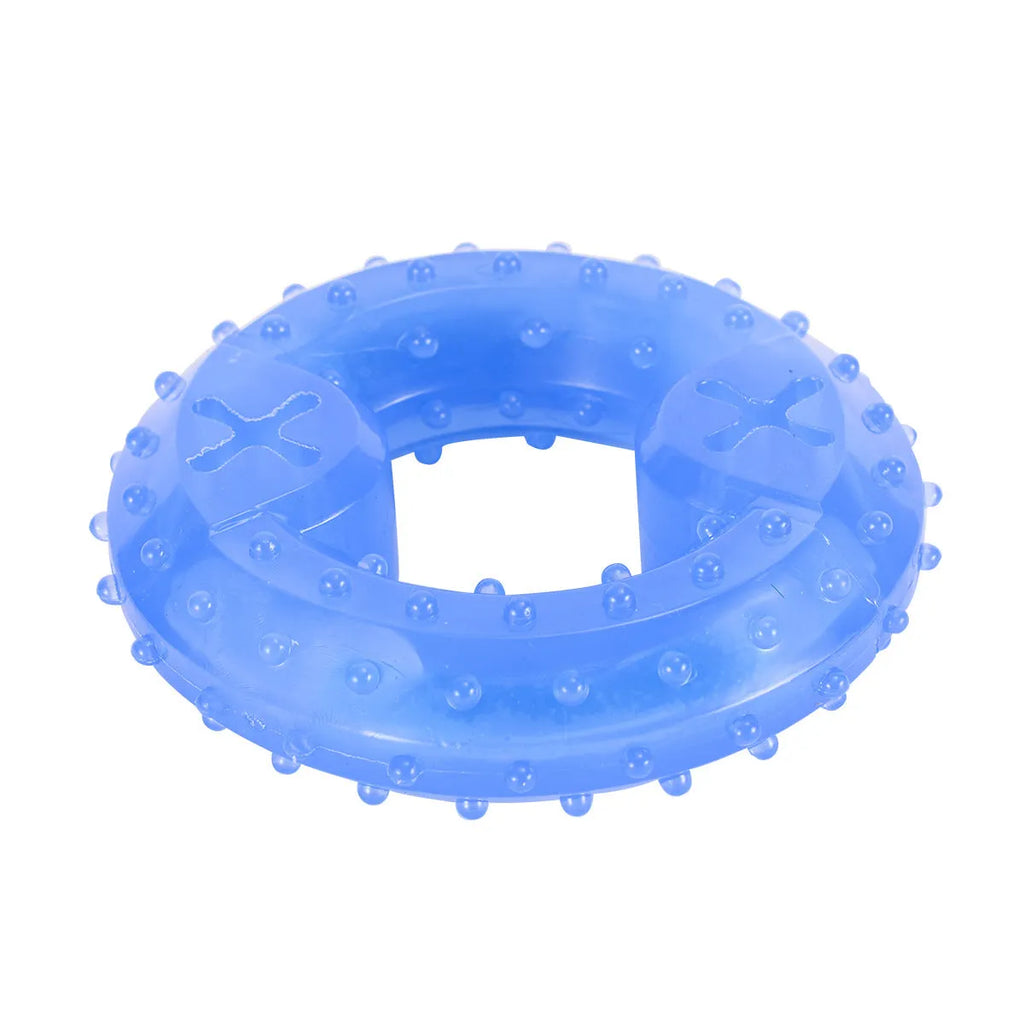 Freezable dog chew toy in bone and circle shapes with a treat slot, shown frozen.