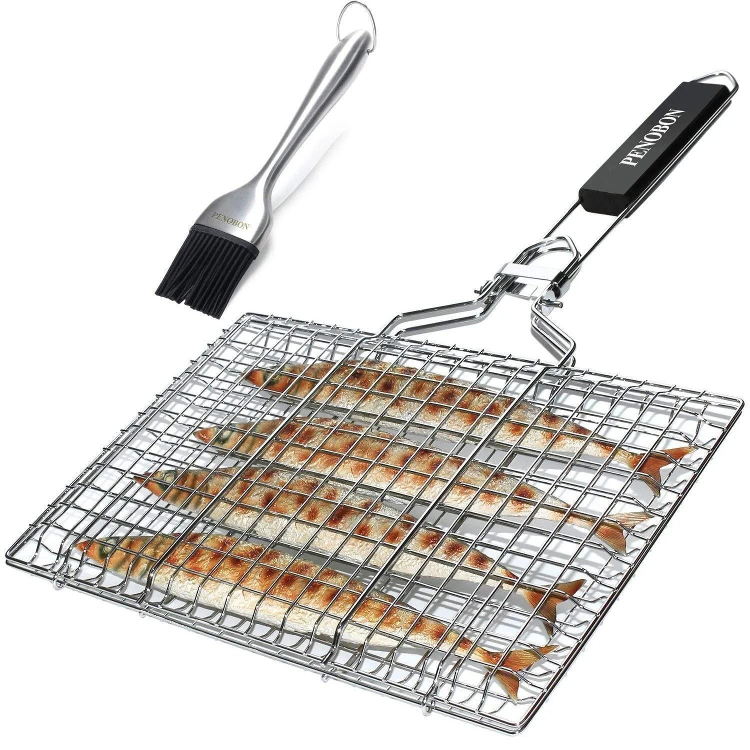 Square stainless steel barbecue mesh basket with folding design and cleaning brush