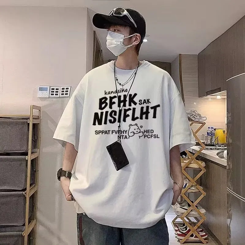 American Vintage men's pure cotton loose drop shoulder T-shirt in black with letter print on front