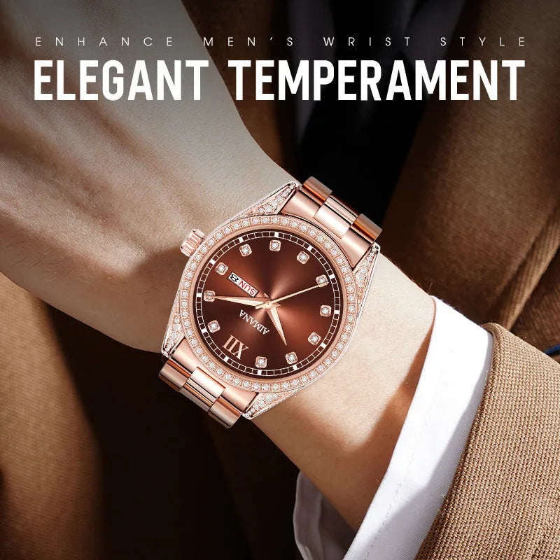 Log Series silver case quartz women's watch with diamond disc dial and steel strip bracelet