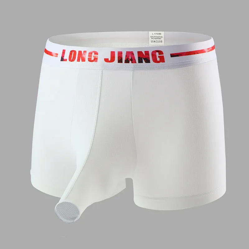 Men's solid colour Ice Silk trunk open boxers showing mid-waist fit and lightweight fabric texture
