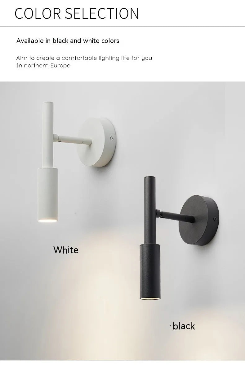 Modern wrought iron wall lamp in black or white finish, showing three colour light options.