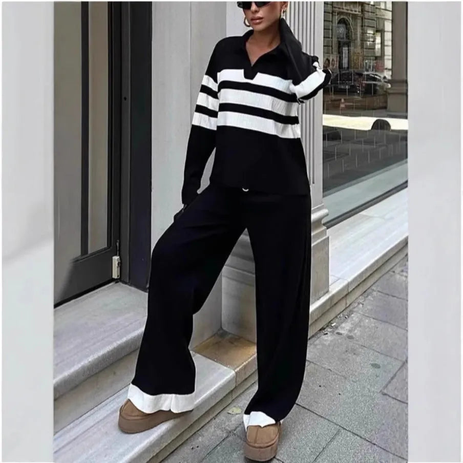 Women's black and white striped polo collar knitted shirt with matching trousers two-piece set