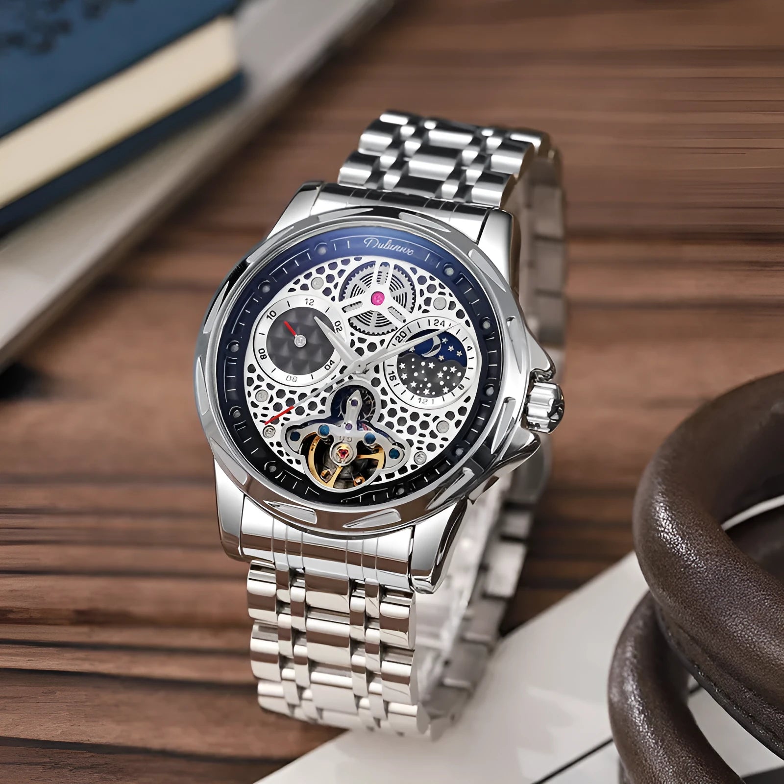 Men's black and silver automatic business watch with steel case and leather strap