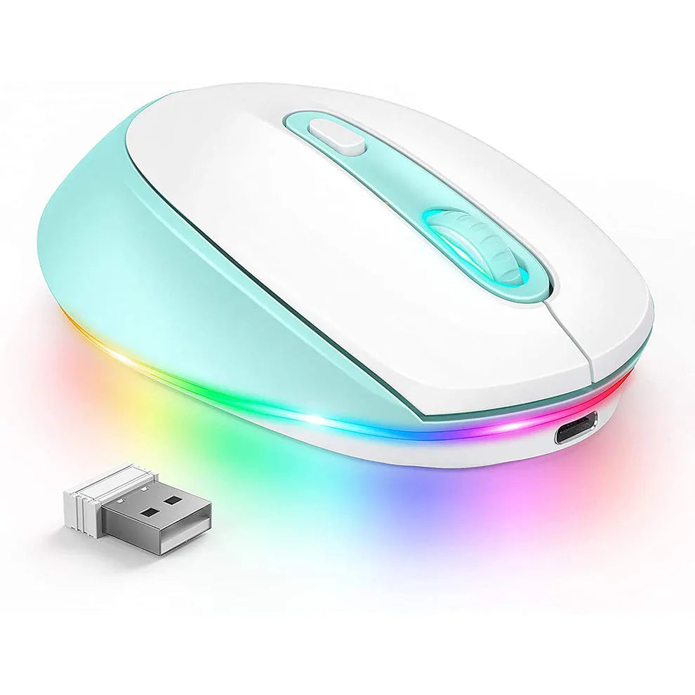 24g ultralight wireless ergonomic mouse in various colours, shown with USB charging cable.