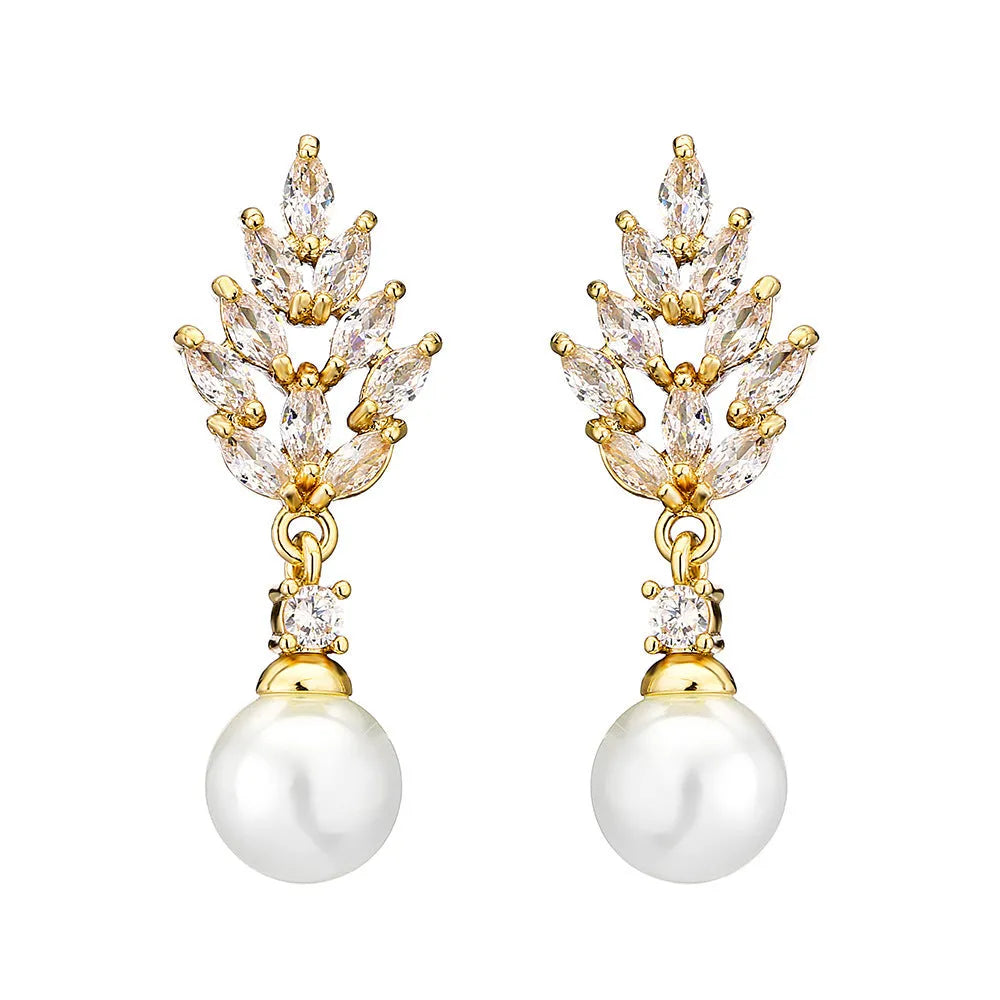 Geometric floral design earrings with micro inlaid zircon detail in gold, platinum, or rose gold plating.