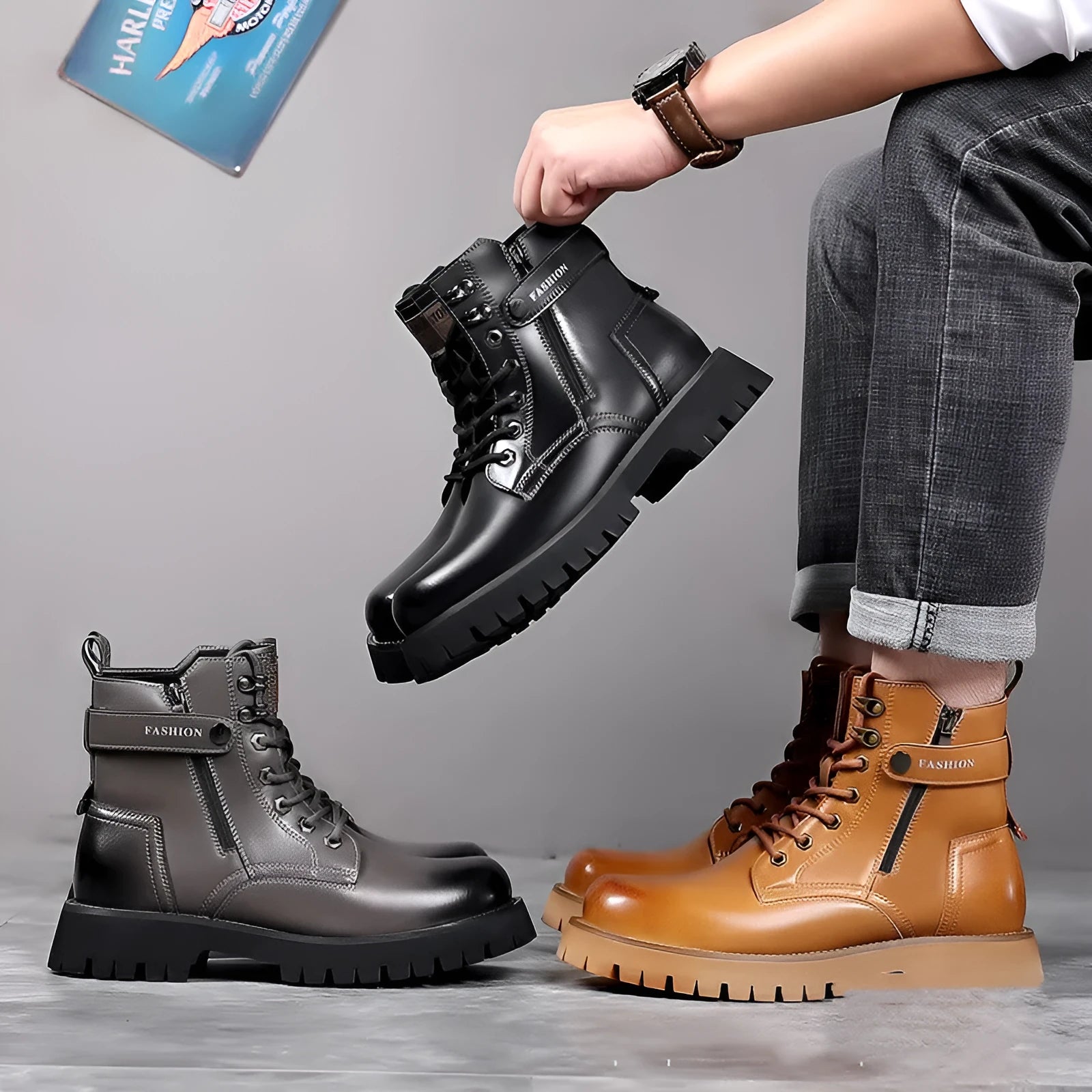 Men's brown Martin boots with thick rubber soles and side zipper on high-top cowhide leather construction