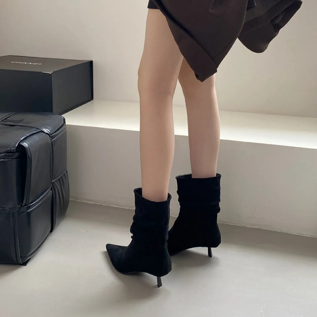 Women's pointed toe low heel stiletto mid-calf boots in khaki with slip-on style and fringe detail