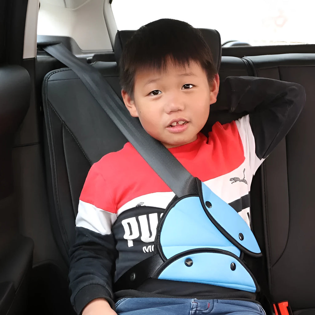 Polyester car children's seat belt holder in dark gray, size 20 cm by 24 cm, with black seat belt