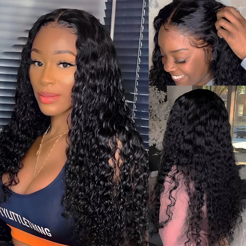 Curly human hair lace front wig on a stand showing long length and natural wave pattern