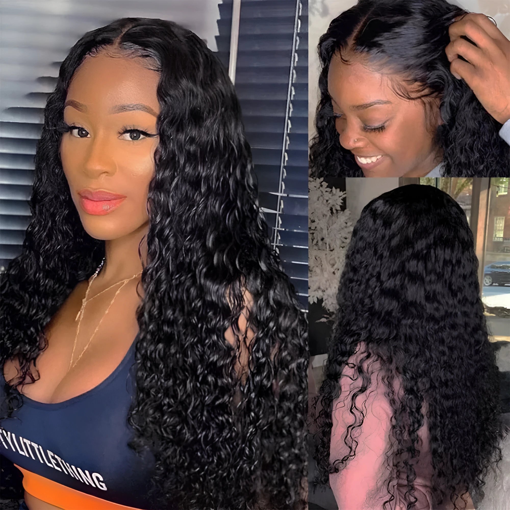 Curly human hair lace front wig on a stand showing long length and natural wave pattern