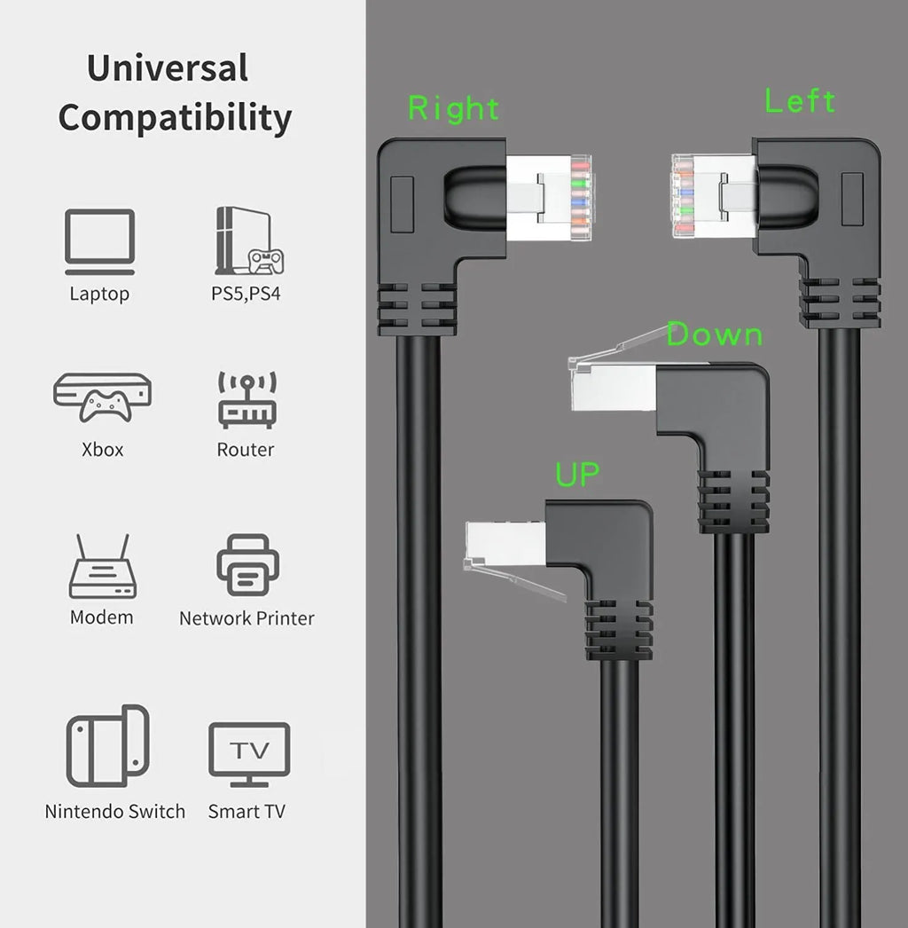 Cat6 Ethernet cable with right-angled RJ45 connector in various colours and lengths