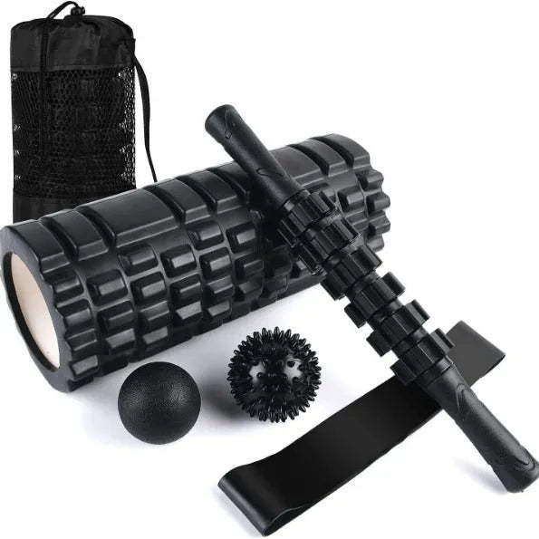 Black six-piece foam roller and massage bar set with 33cm stick for fitness recovery