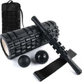Black six-piece foam roller and massage bar set with 33cm stick for fitness recovery