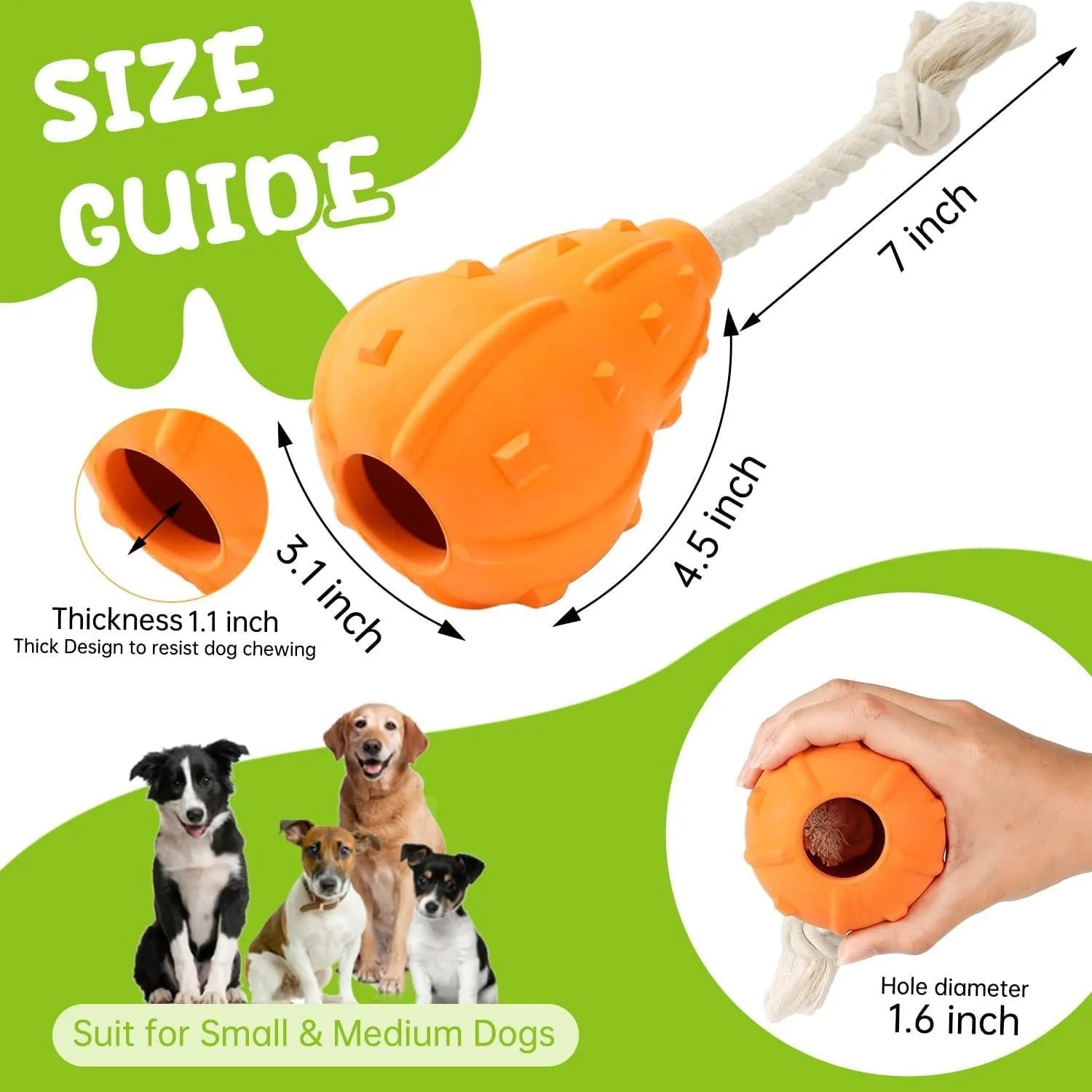 Natural rubber stuffable dog fetch toy with a long strap, shown with treats.