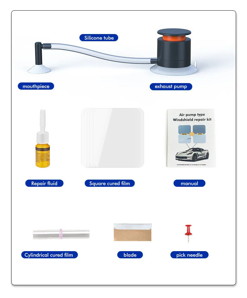 Car windscreen crack repair kit with plastic applicator and broken glass corrector for DIY windshield fixes