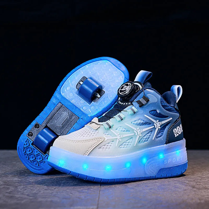 Blue children's roller skates with striped pattern and a rotating button closure on the side.