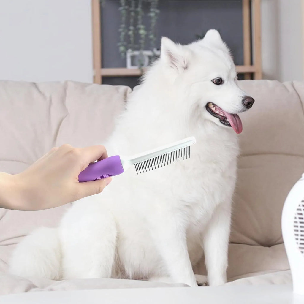 Purple pet grooming comb with stainless steel teeth and ergonomic handle for dog and cat grooming