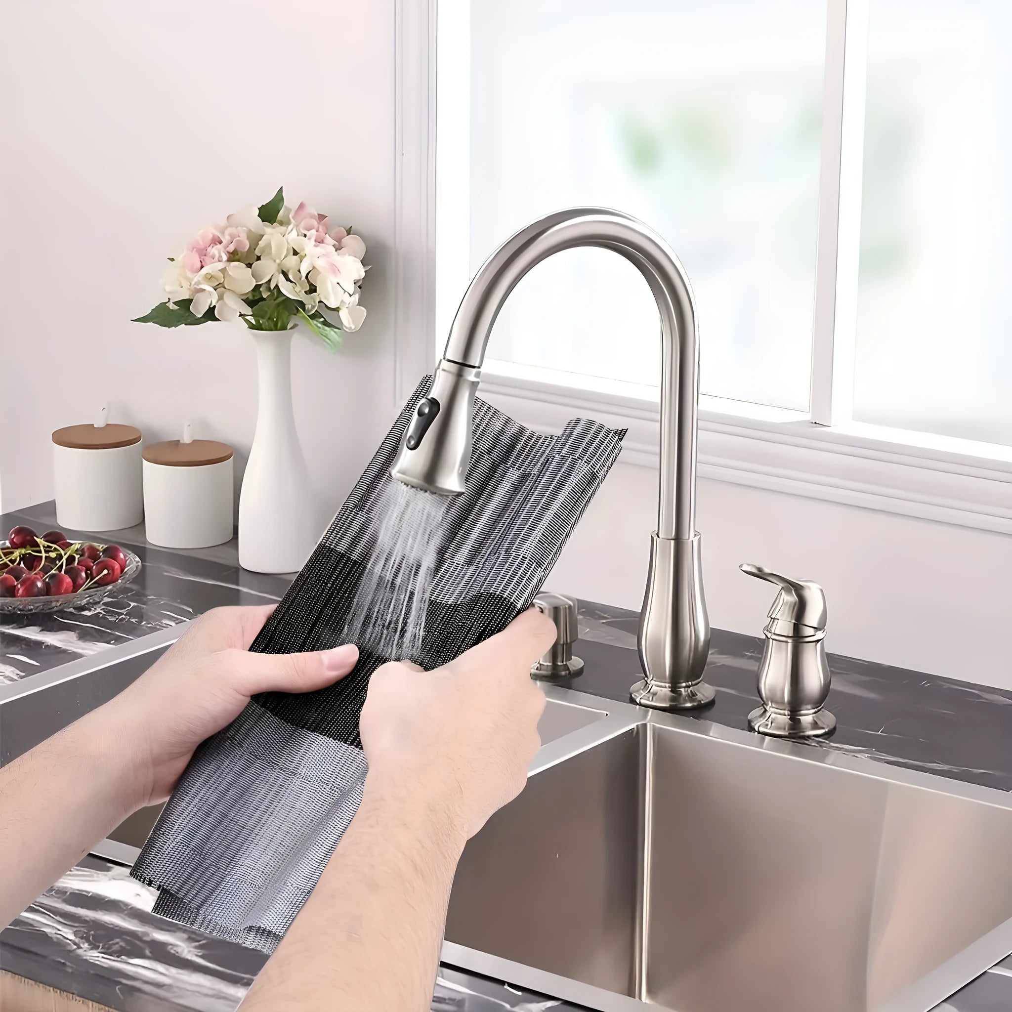 PVC kitchen sink mat with gradient bamboo pattern in modern design showing two size options