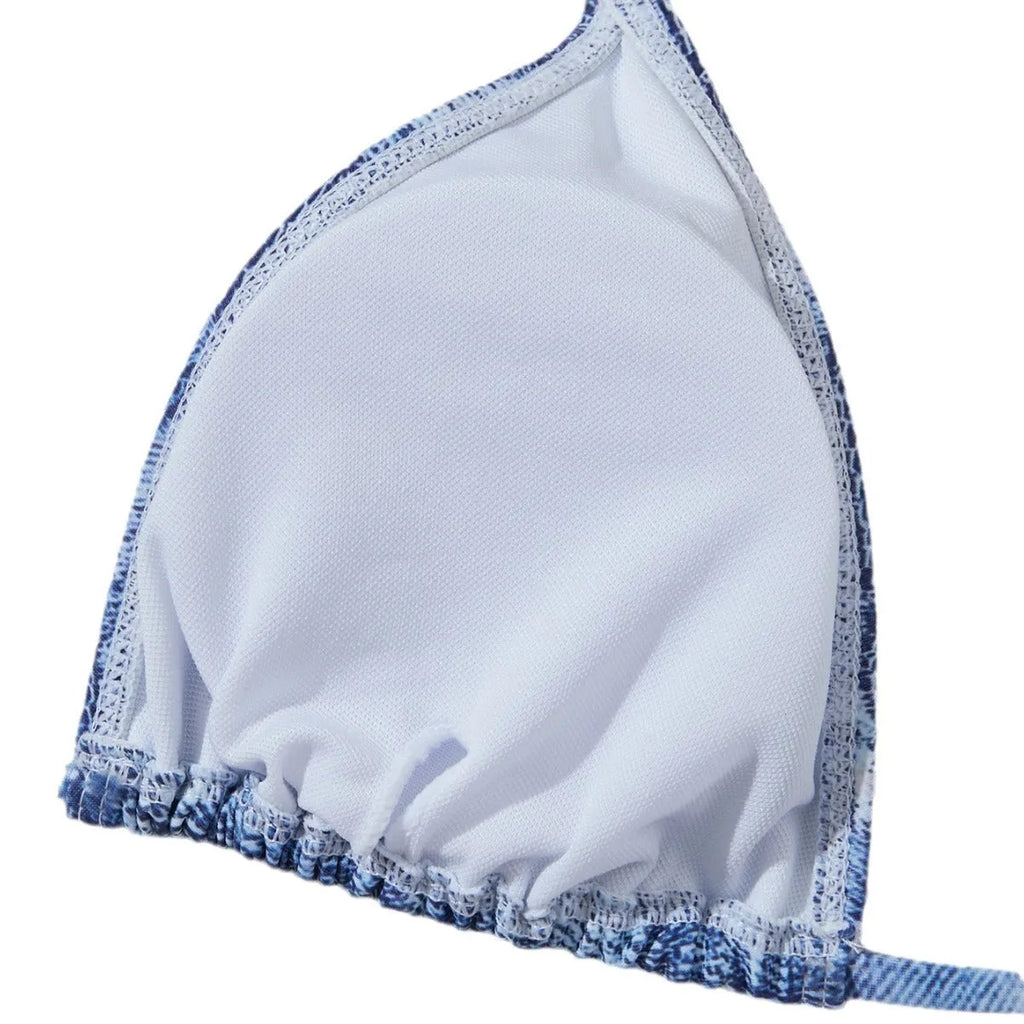 Women's denim blue printed bikini with strap design showing front and back views