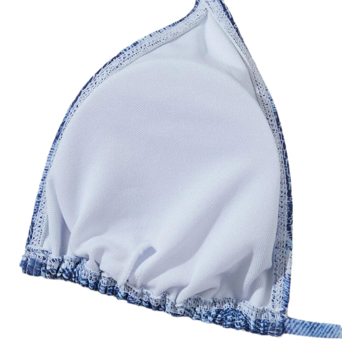 Women's denim blue printed bikini with strap design showing front and back views
