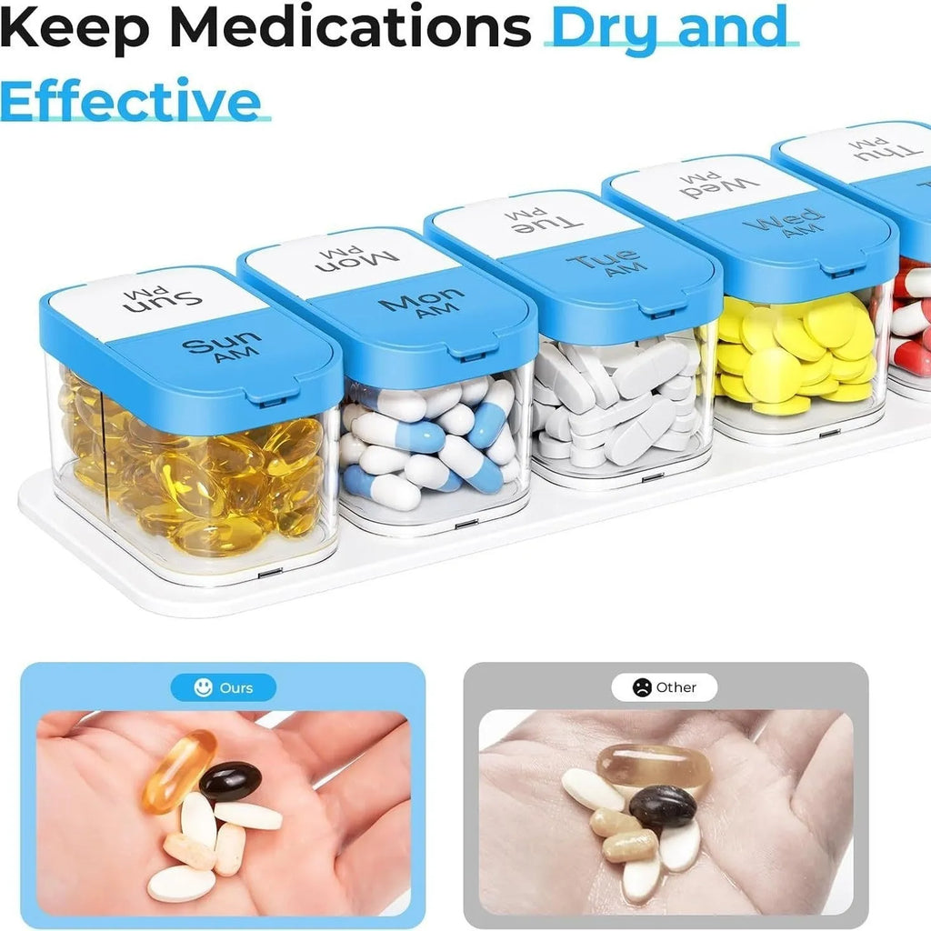 Portable 14-compartment pill box organiser with removable daily dose compartments in rainbow colour