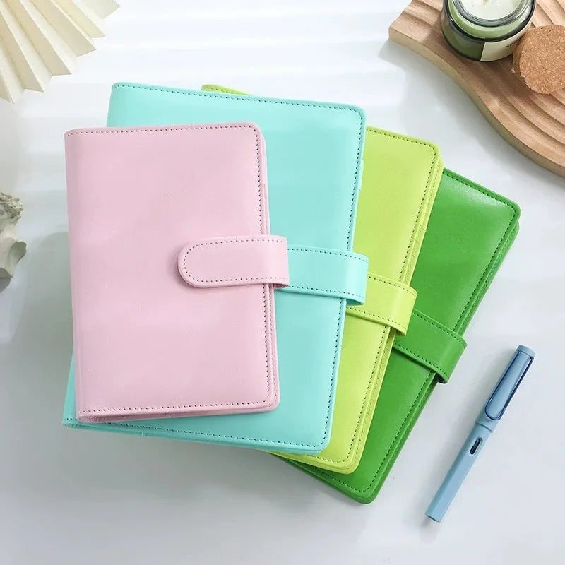 A5 solid colour PU leather notebook binder shell with a zipper, shown in various colours.