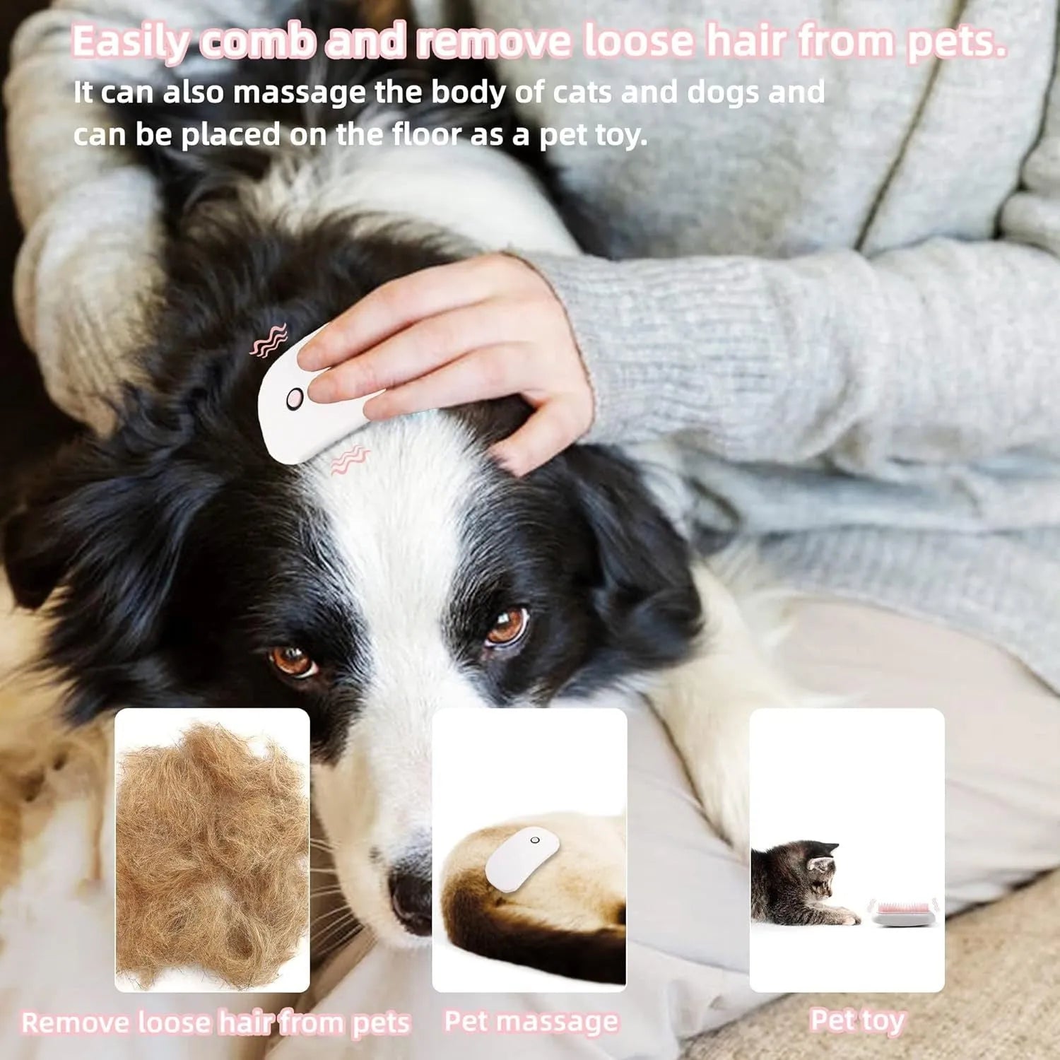 Pink handheld electric pet massage brush with soft TPE teeth on a white background.