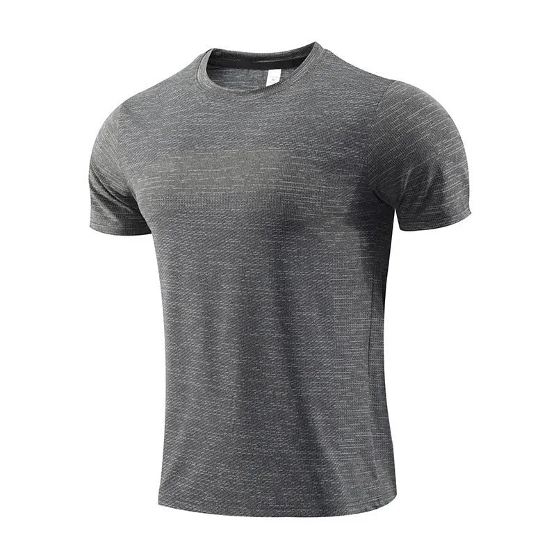 Men's short sleeve sports t-shirt in polyester spandex fabric for running and basketball.