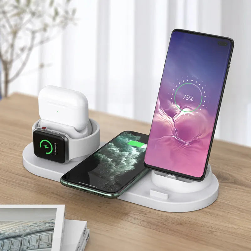 Black and white wireless charging station with phone holder showing multiple device charging pads