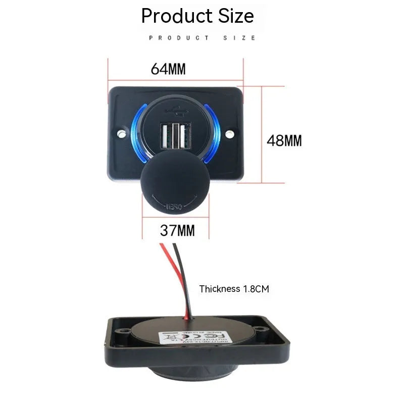 Black dual USB car charger with mounting screws for 12-24V vehicle installation