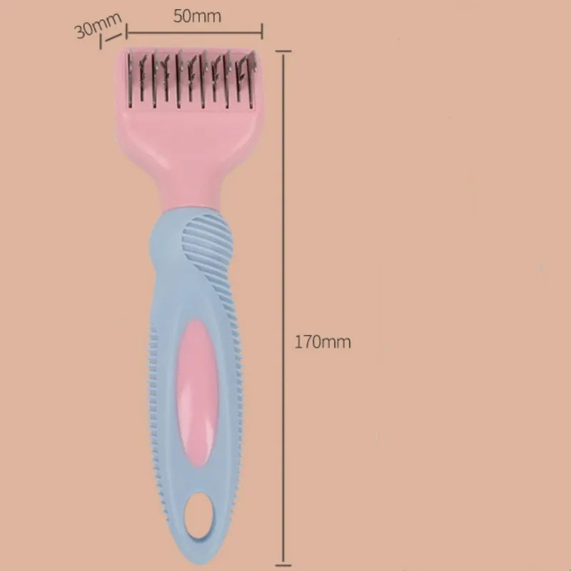 Stainless steel dog comb with knot knife edge and massage nodules, shown in pink colour option