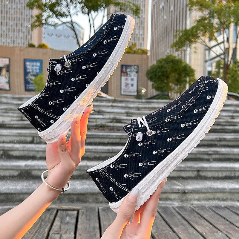 Women's black canvas low top soft sole shoes oversleeves for Halloween