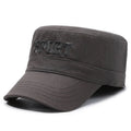 Men's adjustable flat-top cotton peaked cap in army green with an English letter print on the front.