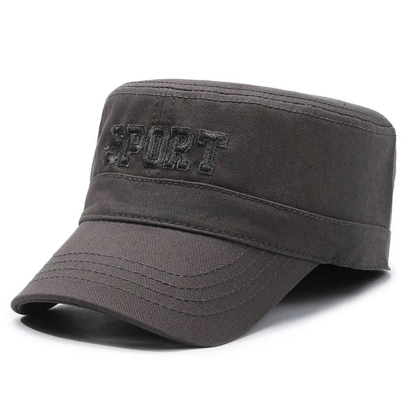 Men's adjustable flat-top cotton peaked cap in army green with an English letter print on the front.