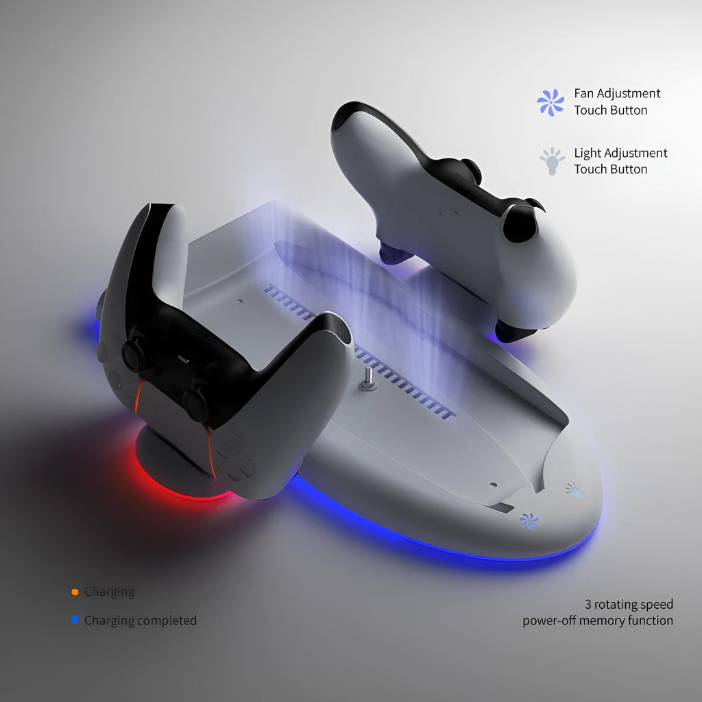 PS5 multi-function cooler pad with charging station and RGB lighting in white colour