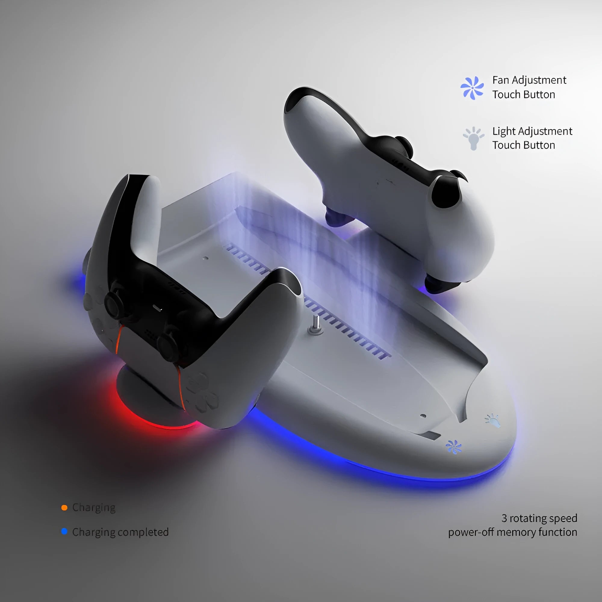 PS5 multi-function cooler pad with charging station and RGB lighting in white colour