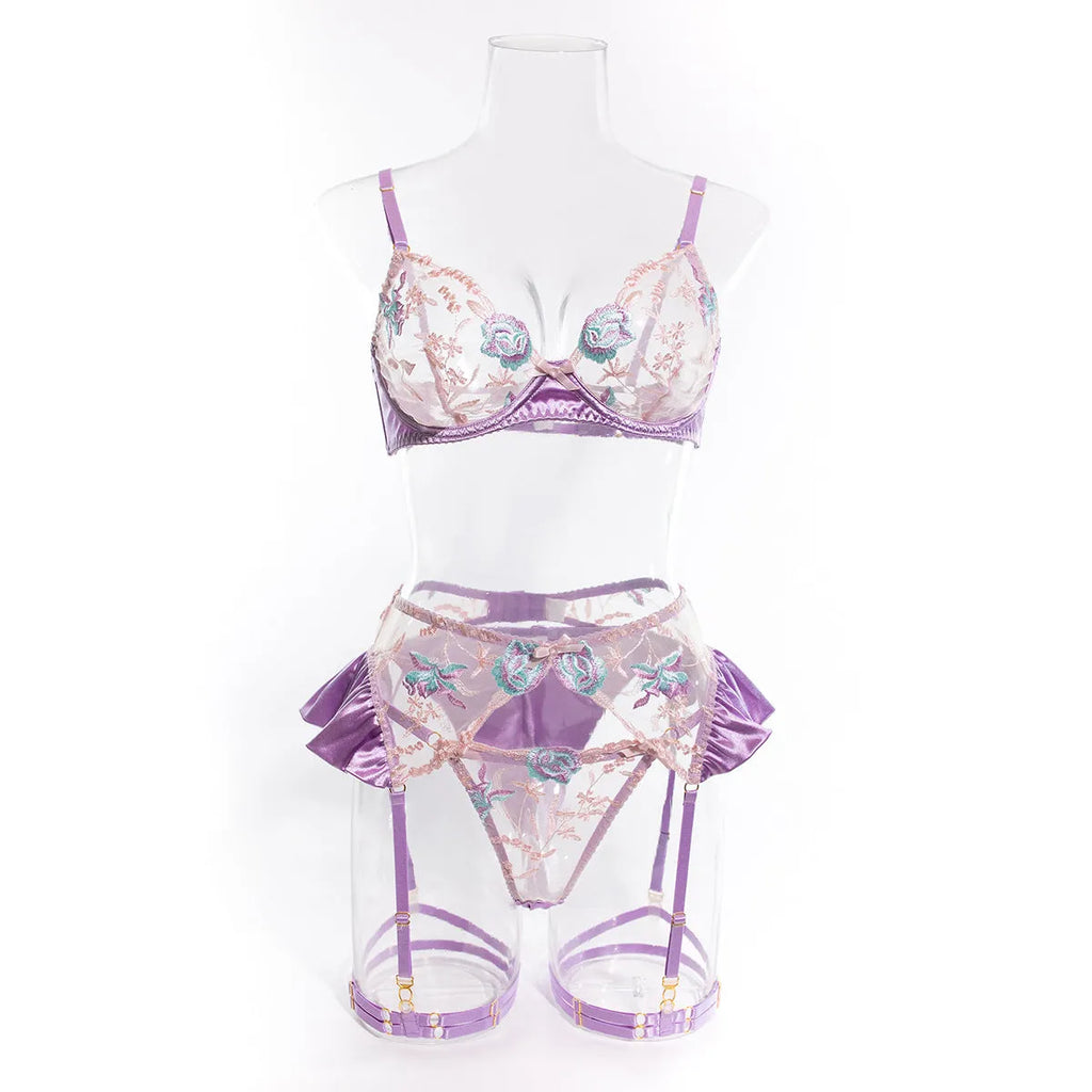 Light purple mercerized embroidery satin lingerie four-piece set