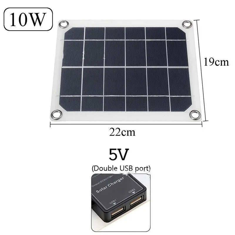 Outdoor solar panel with dual USB ports for charging mobile phones and tablets.