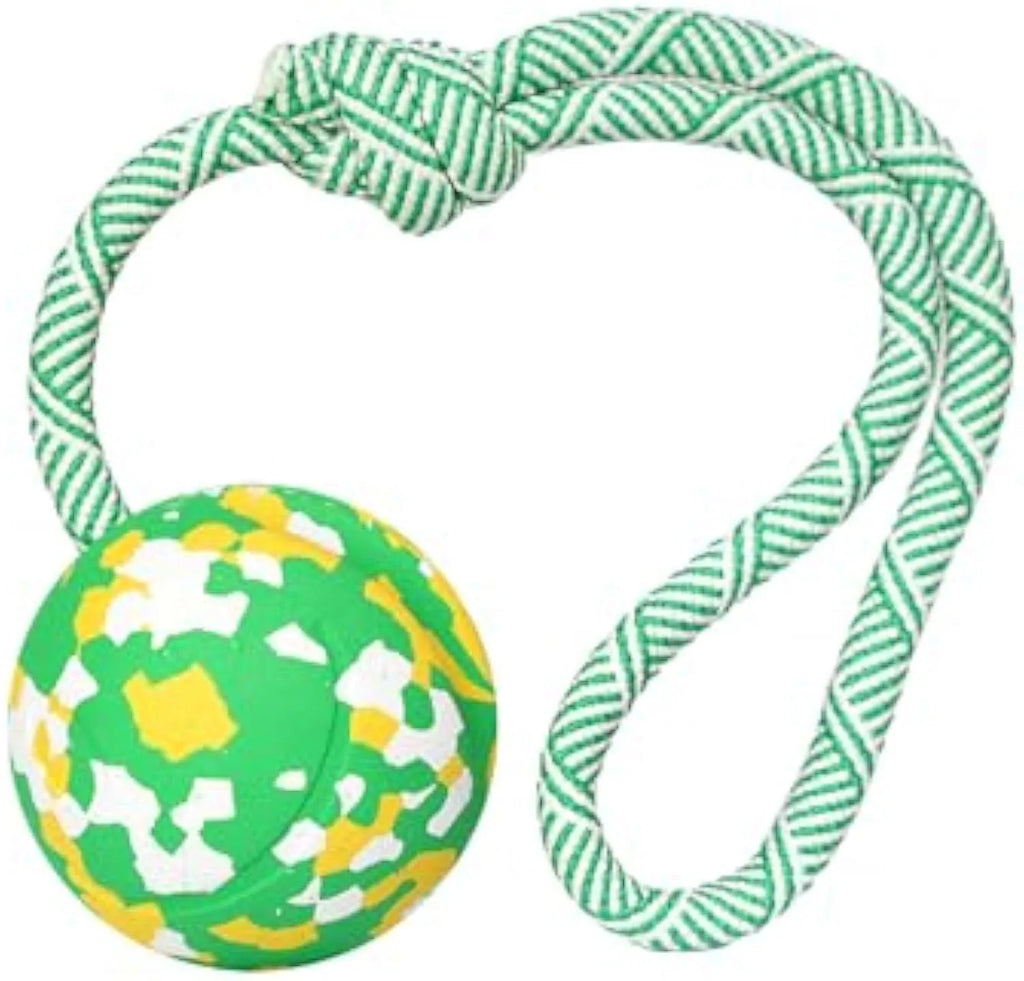 Natural rubber dog ball attached to a blue nylon rope for interactive fetch and tug toy